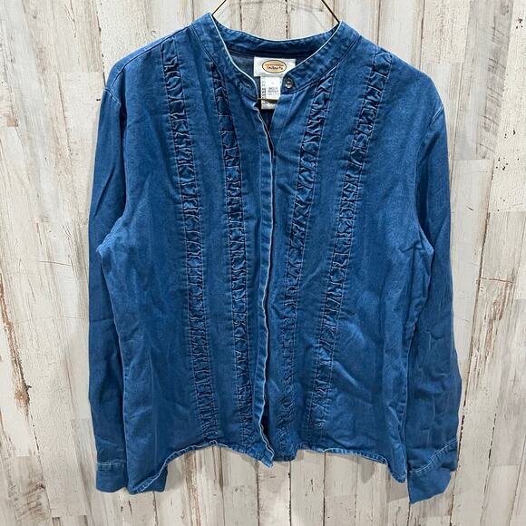 Vintage Talbots Denim Ruffle Western Cowgirl Button Up Shirt Rodeo Medium Cotton - Picture 1 of 7